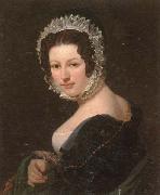unknow artist Portrait of a young lady,half-length,wearing a black dress,with a green mantle,and a lace bonnet oil painting reproduction
